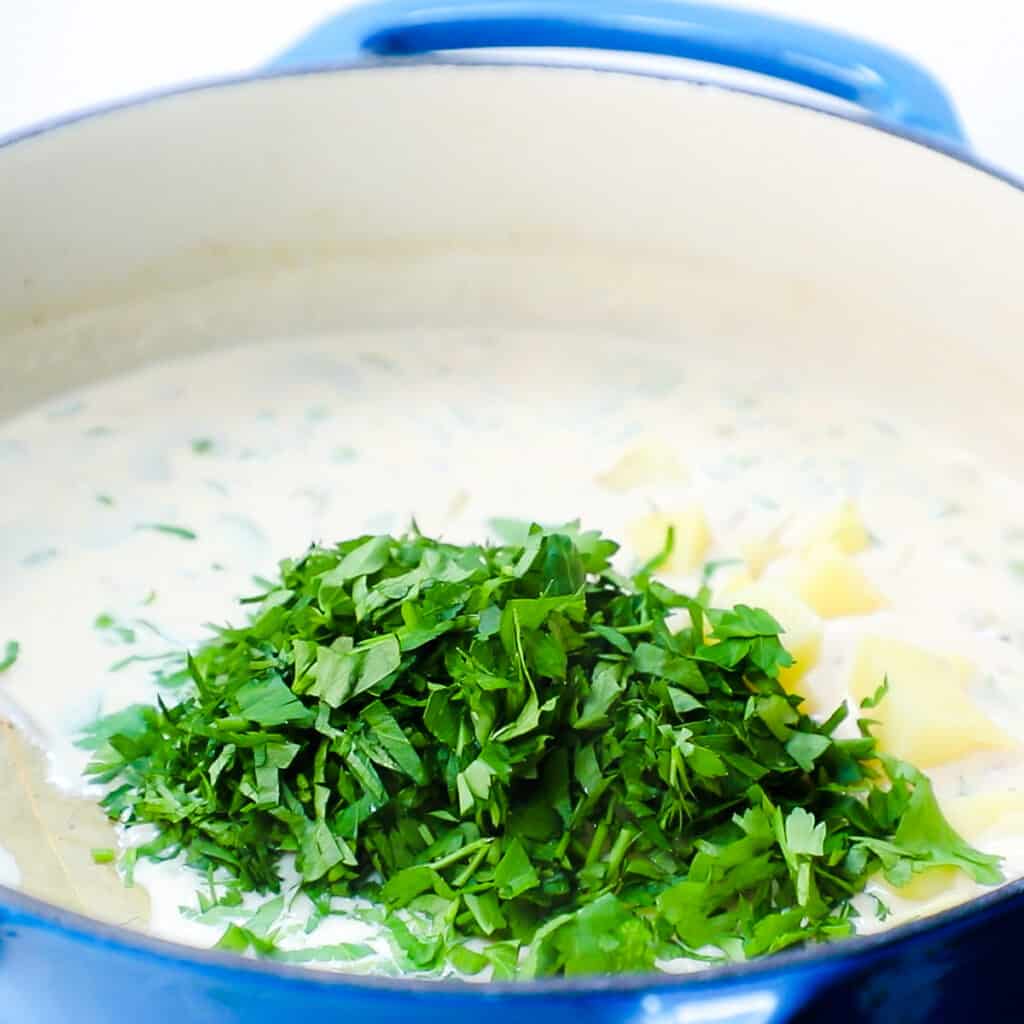 the parsley, potatoes, and bay leaf added to the soup