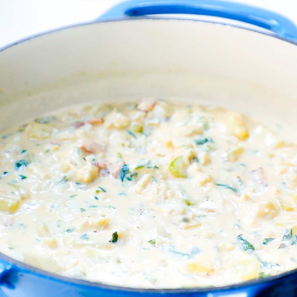 the cooked Cream of Crab Soup in a stock pot