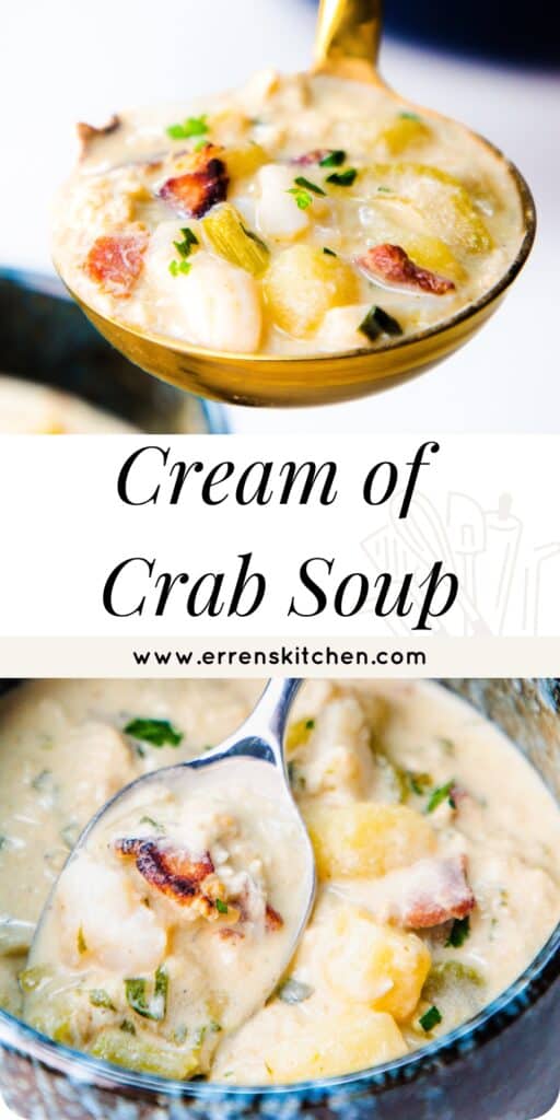 a bowl and ladel full of cream of crab soup