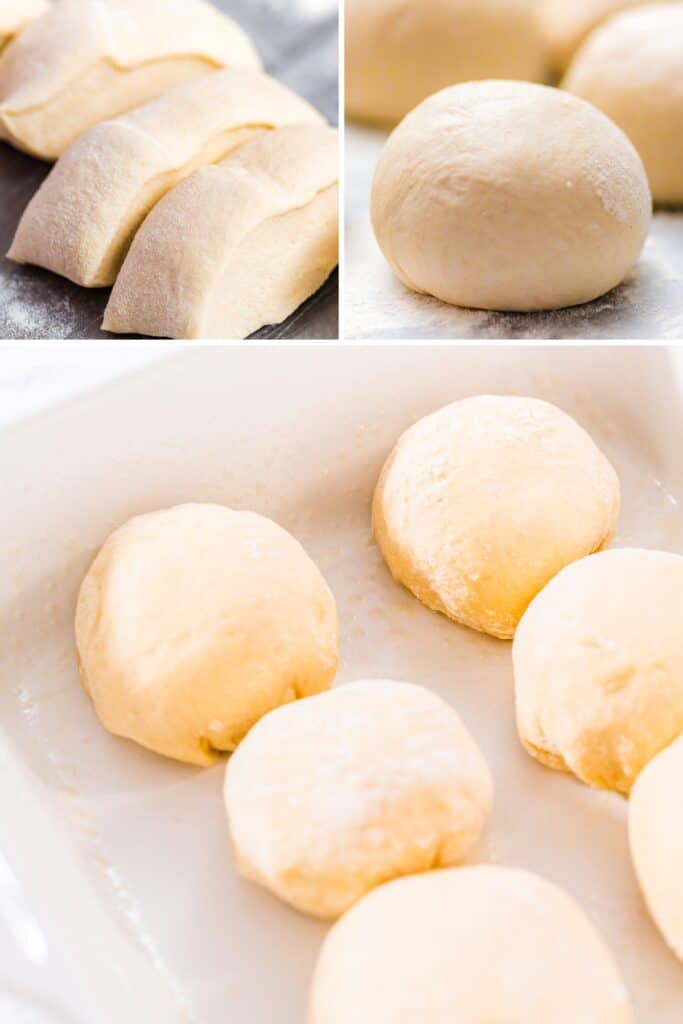 cut dough, dough balls and the dough balls in the pan