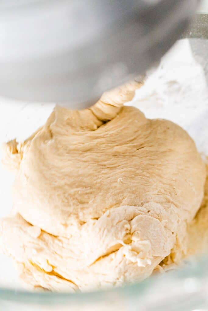 the dough pulled away from the sides of the bowl for the Cinnamon Rolls with Apple Pie Filling