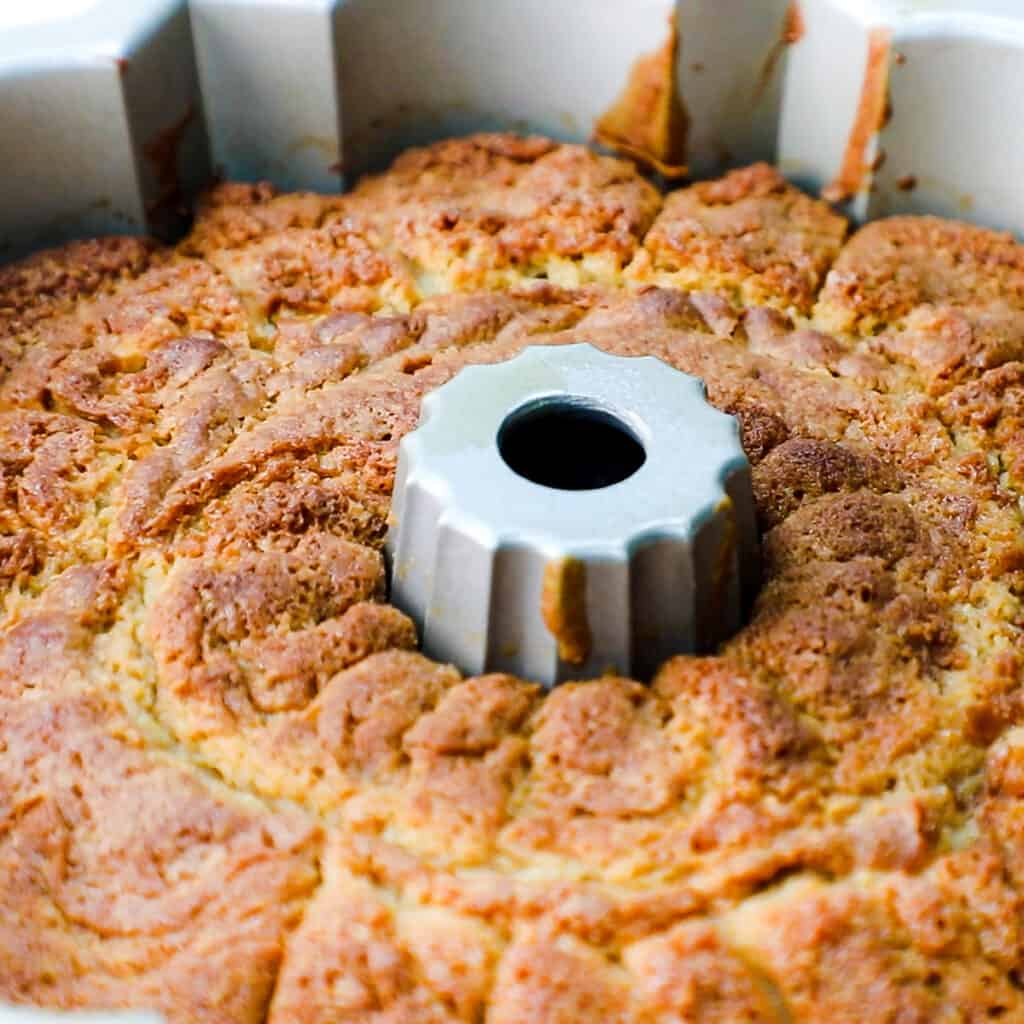 the baked cake in the pan