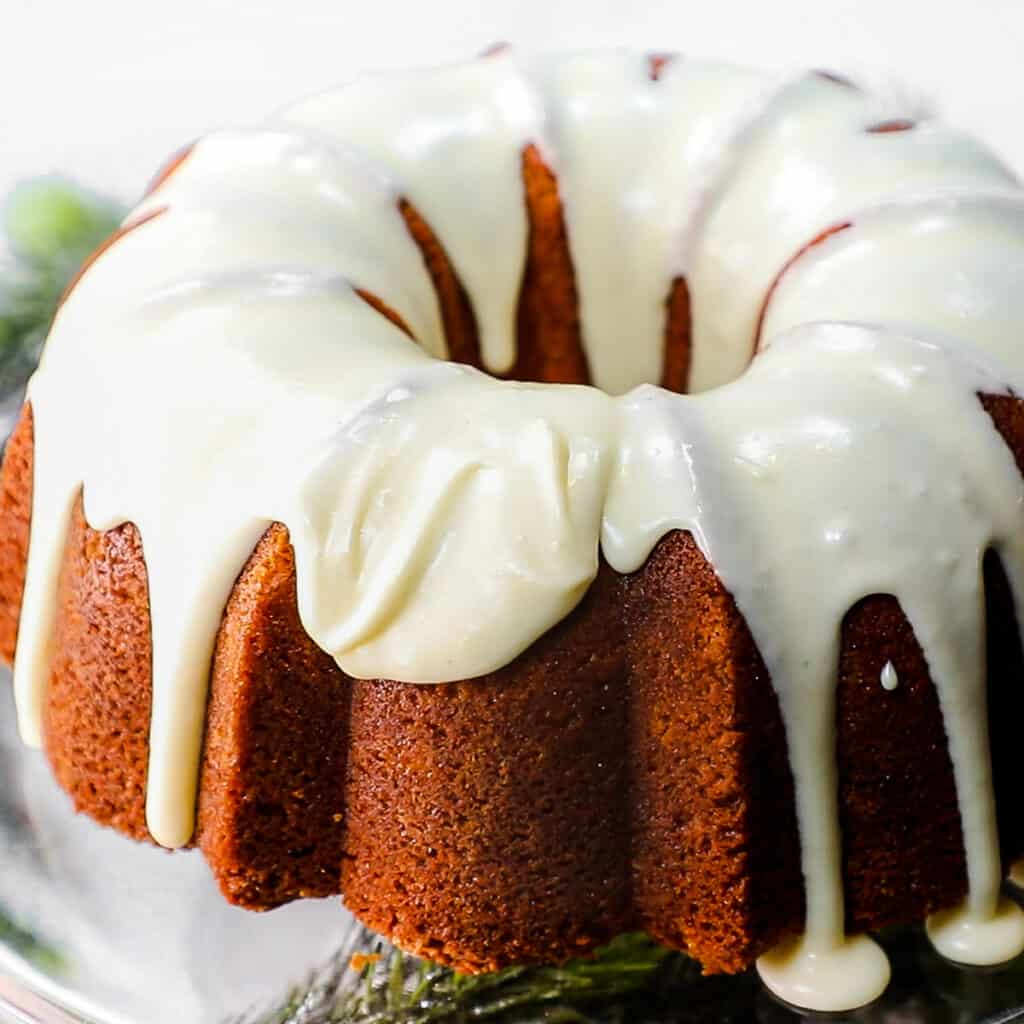 the eggnog glaze added to the cooled cake