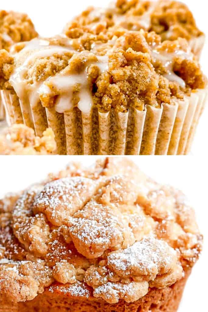 a a close up image of a Cinnamon Banana Crumb Muffin topped with powdered sugar and an icing glaze