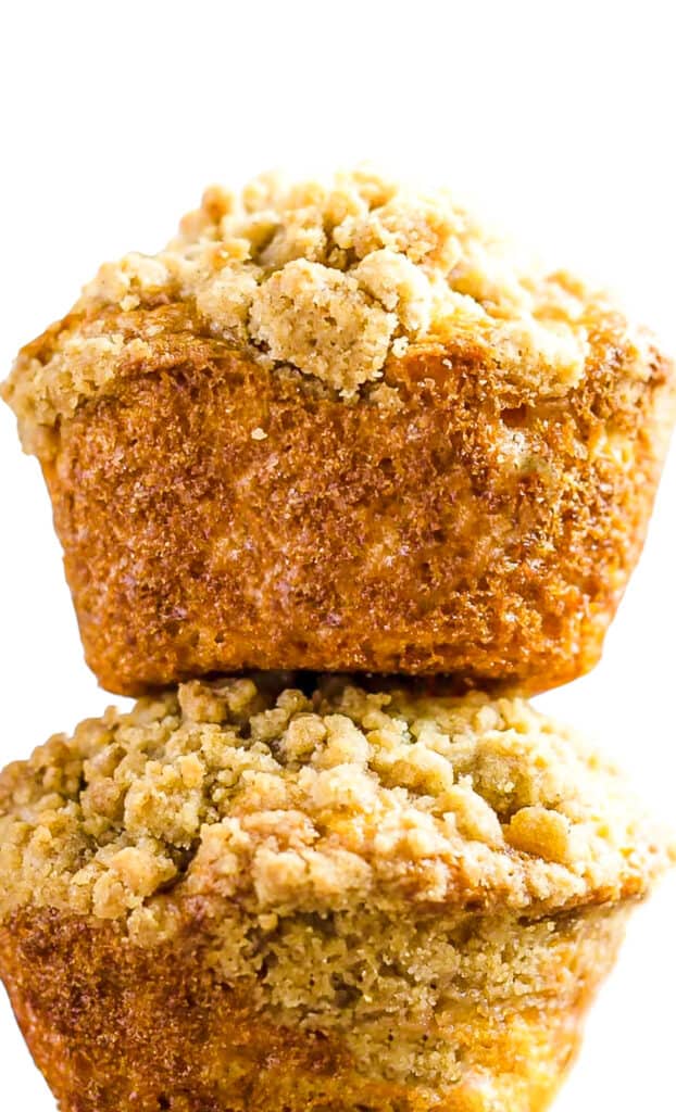 two stacked Cinnamon Banana Crumb Muffins