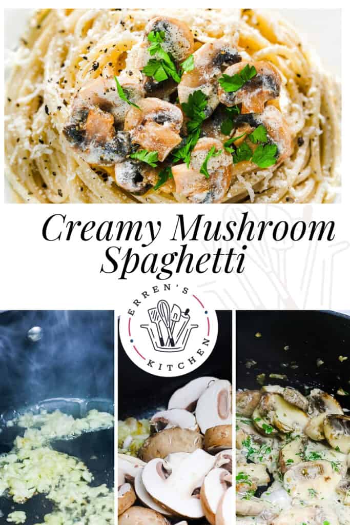A promotional image of creamy mushroom spaghetti cooking at different stages.