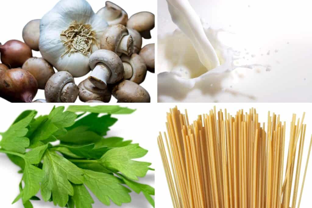 shallots, garlic, mushrooms, parsley, cream, and spaghetti