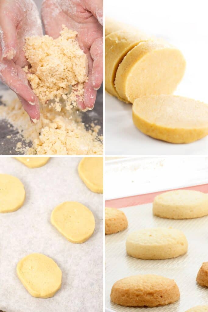 4 fotos que muestran el proceso de hacer galletas de mantequilla a mano
