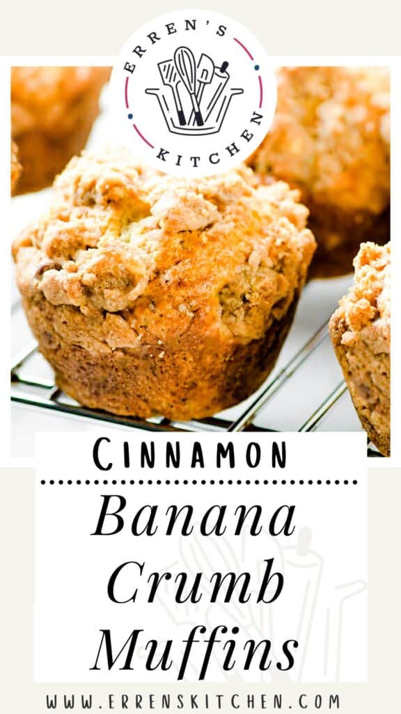 a close up image of banana muffins with crumb topping