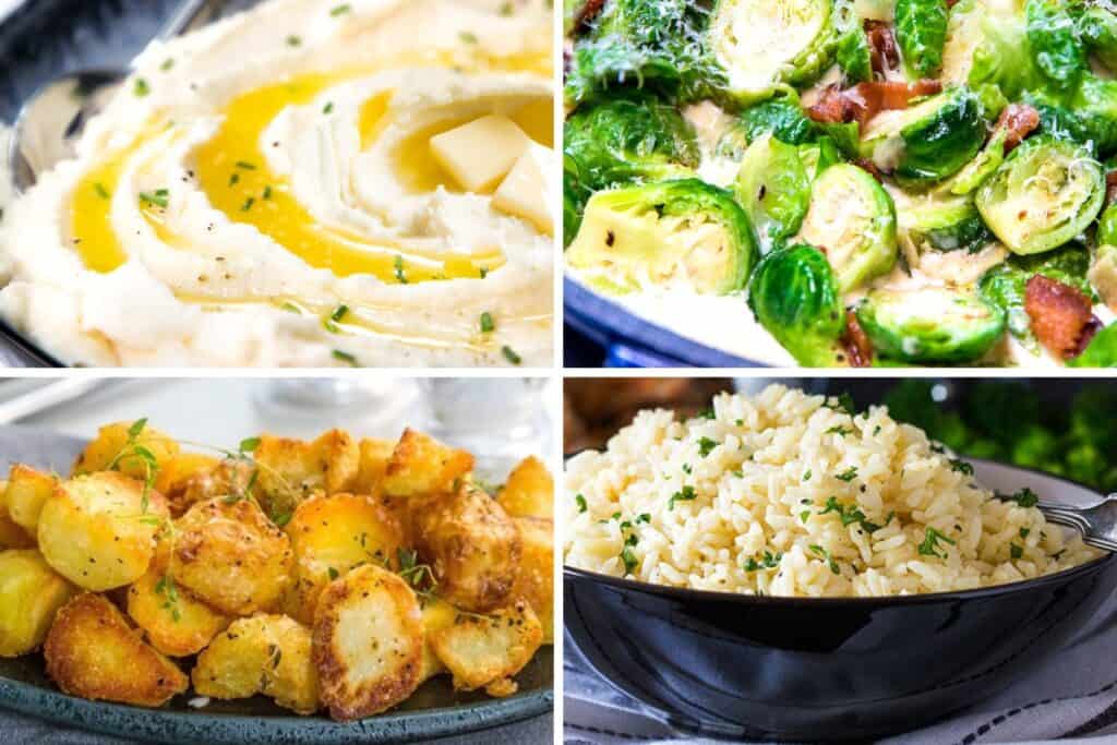 mashed potatoes, brussels sprouts with bacon, roasted potatoes, and rice pilaf