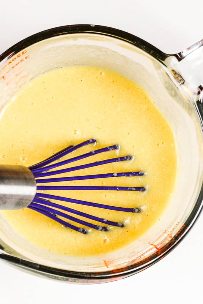 the wet ingredients mixed together in a glass jug