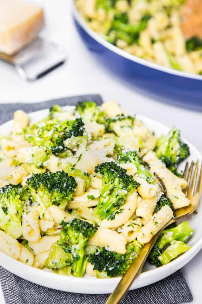 a plate of Cavatelli and Broccoli with a gold fork