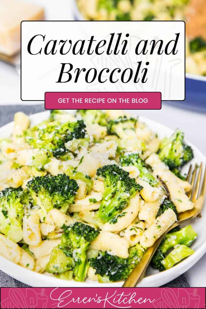 a promotional image of a zoomed in photo of Cavatelli and Broccoli with a gold fork on the plate with the words reading: Cavatelli and Broccoli.