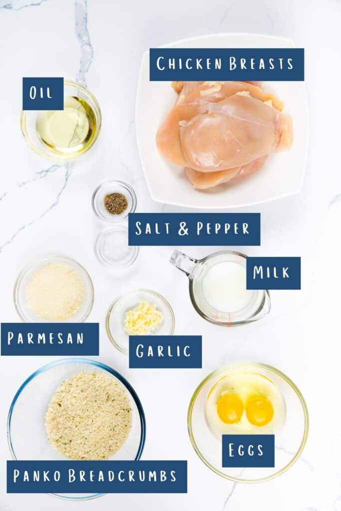 all of the ingredients for Panko Chicken laid out on a table