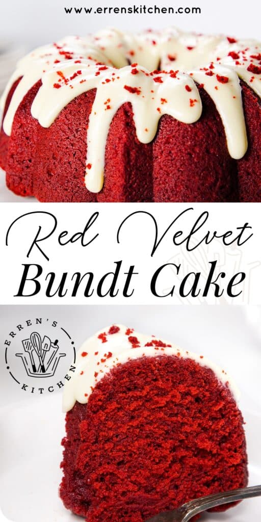 a photo of the finished Red Velvet Bundt Cake and a cut slice