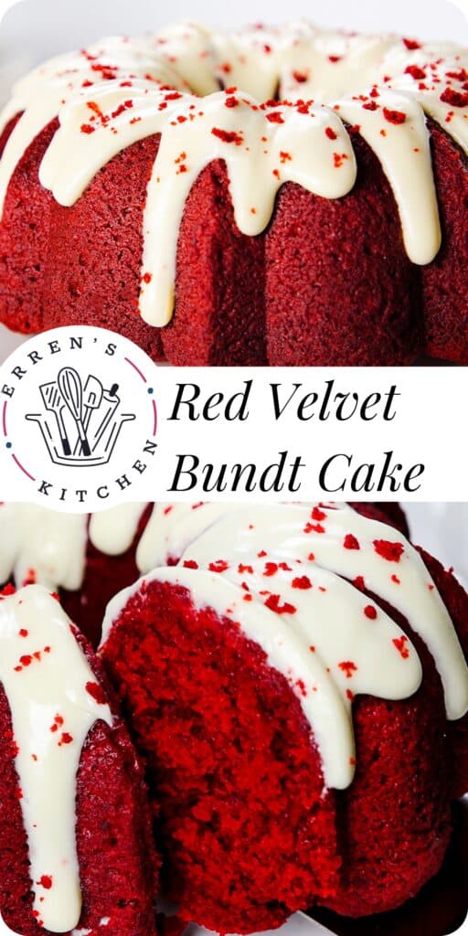 two photos showing Red Velvet Bundt Cake with cream cheese icing