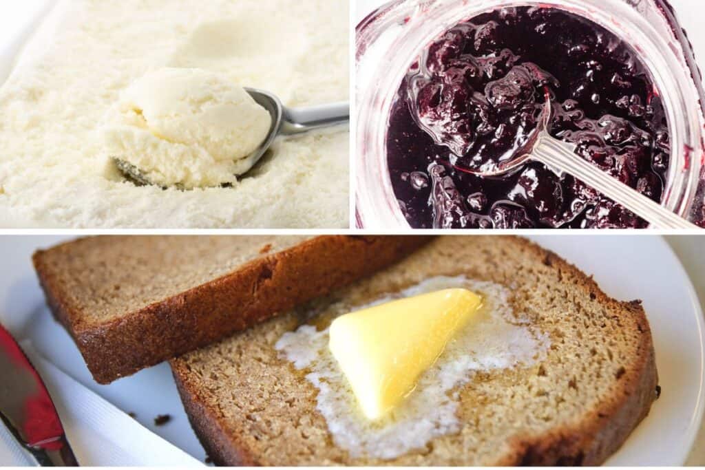 ice cream, jam, and slices of applesauce bread with butter