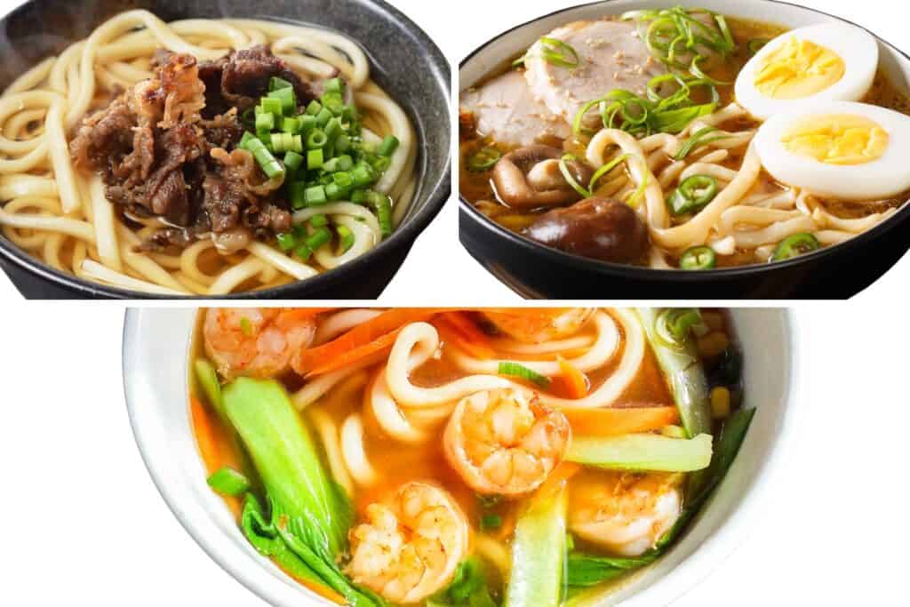 three bowls of udon soup with different toppings