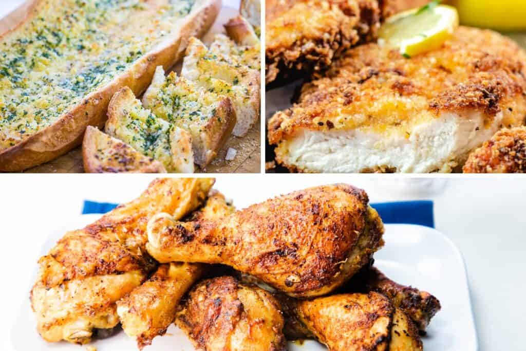 garlic bread, chicken cutlets, and chicken legs