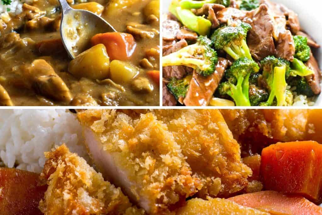 Japanese Curry, beef stir fry and chicken katsu