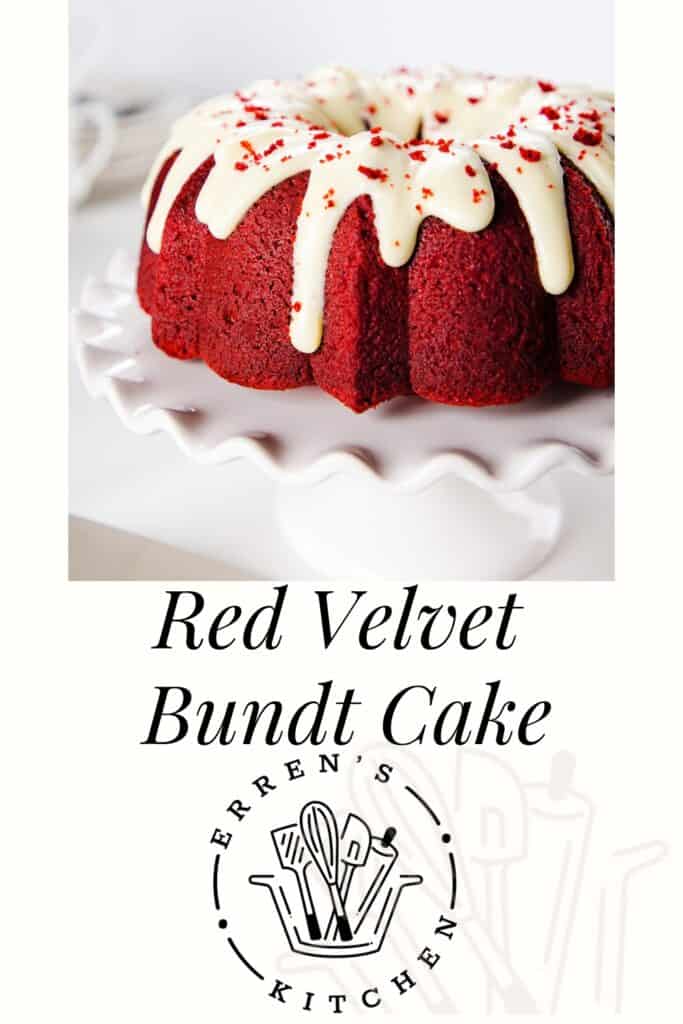 A Pinterest pin showing a vibrant iced Red Velvet Bundt Cake