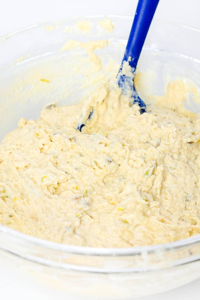 the mixed batter for Pistachio Muffins in a bowl