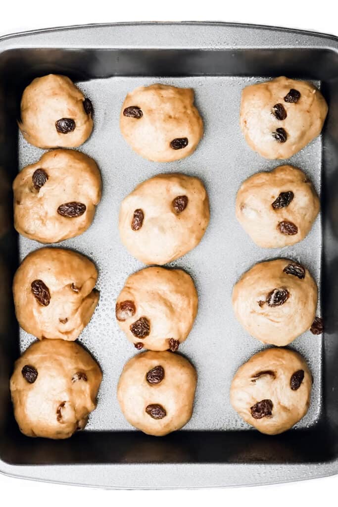 the dough balls placed in a 9x13 inch pan