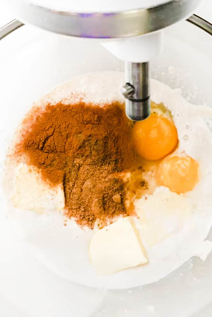 the spices, vanilla, butter and brown sugar added to the mixing bowl