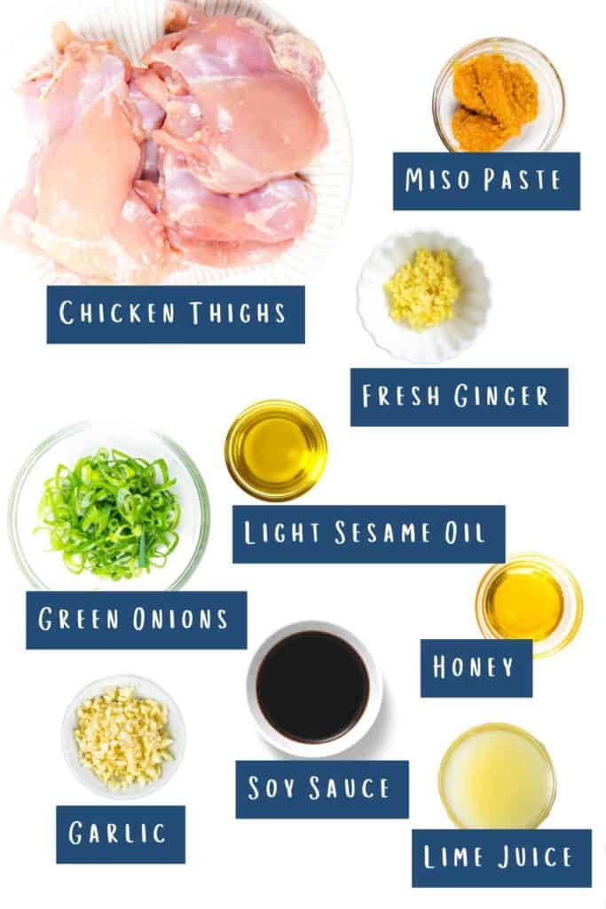 all of the ingredients for Miso Chicken laid out on a table