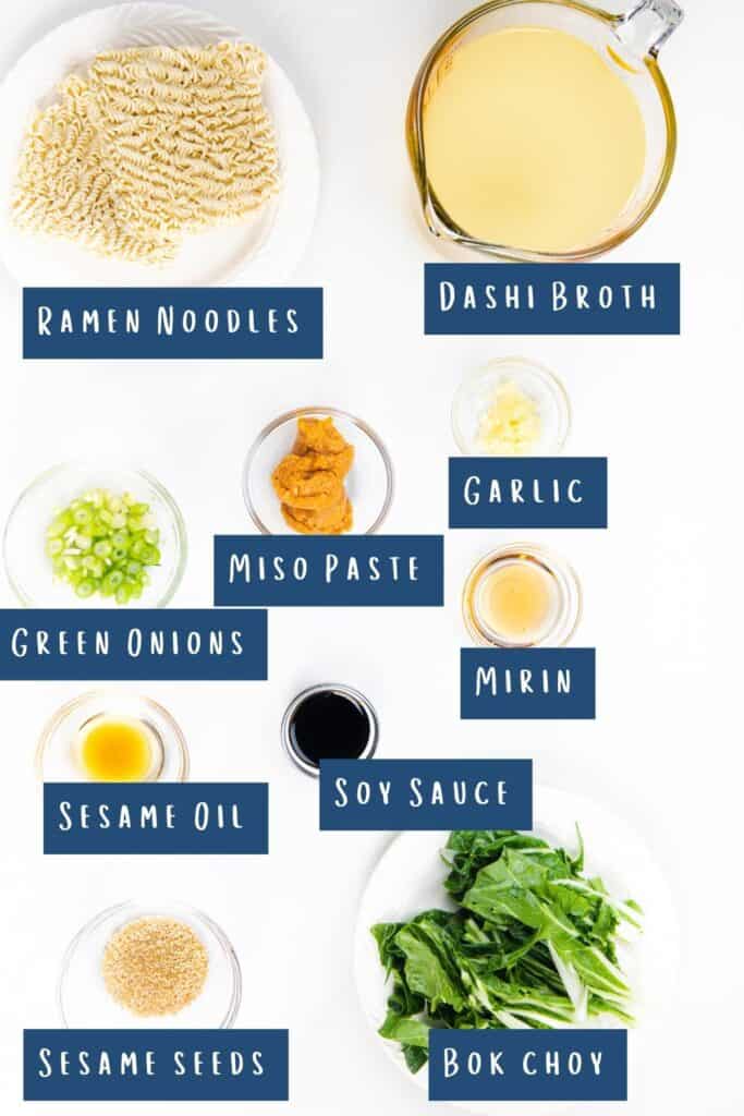 all of the ingredients for Miso Ramen laid out on a table