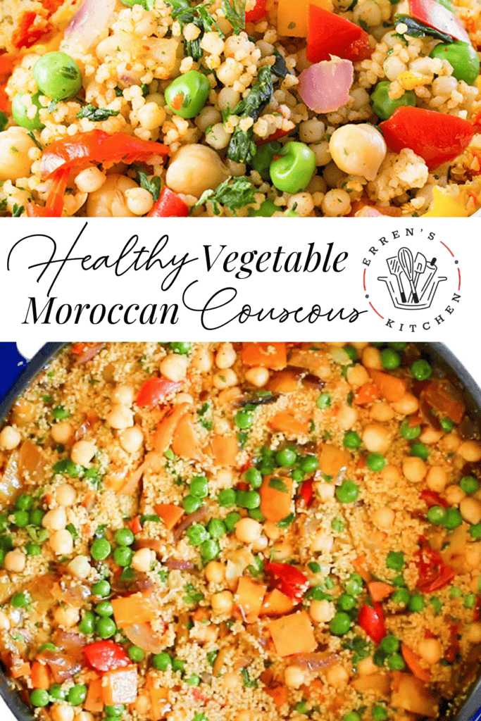 A big pot of vegetable moroccan couscous with peas, chickpeas, onions, carrots, and peppers.