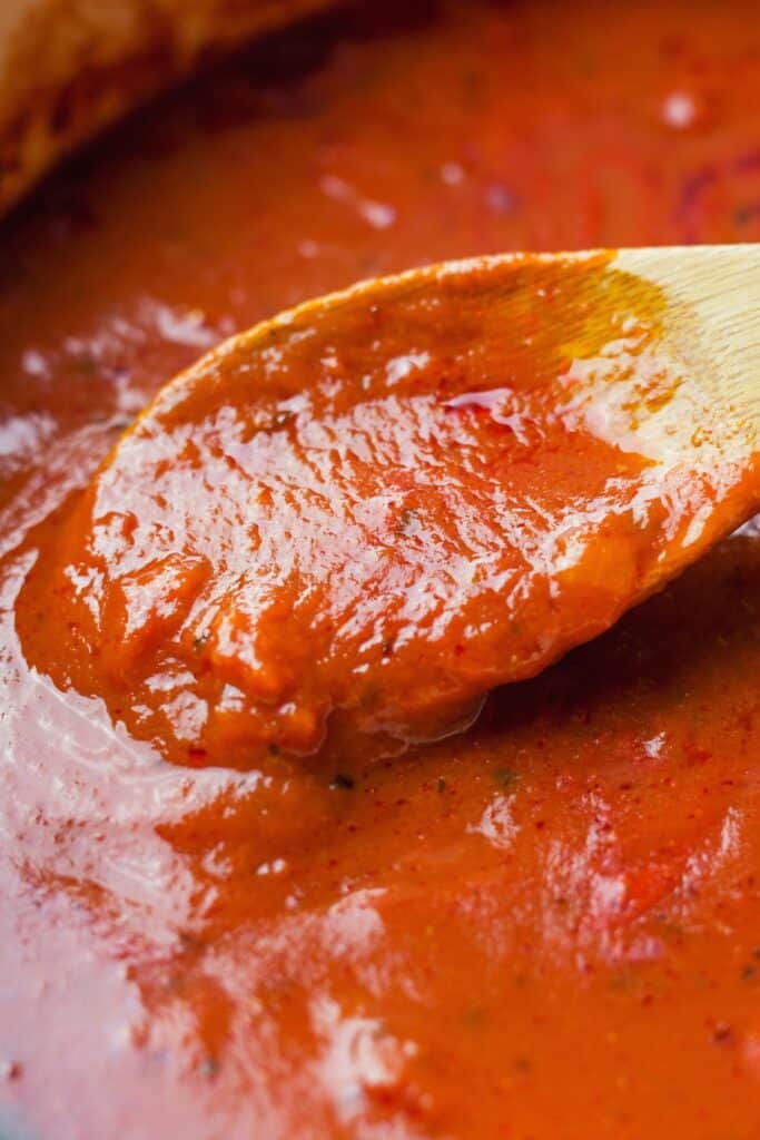 spaghetti sauce cooking in a pan