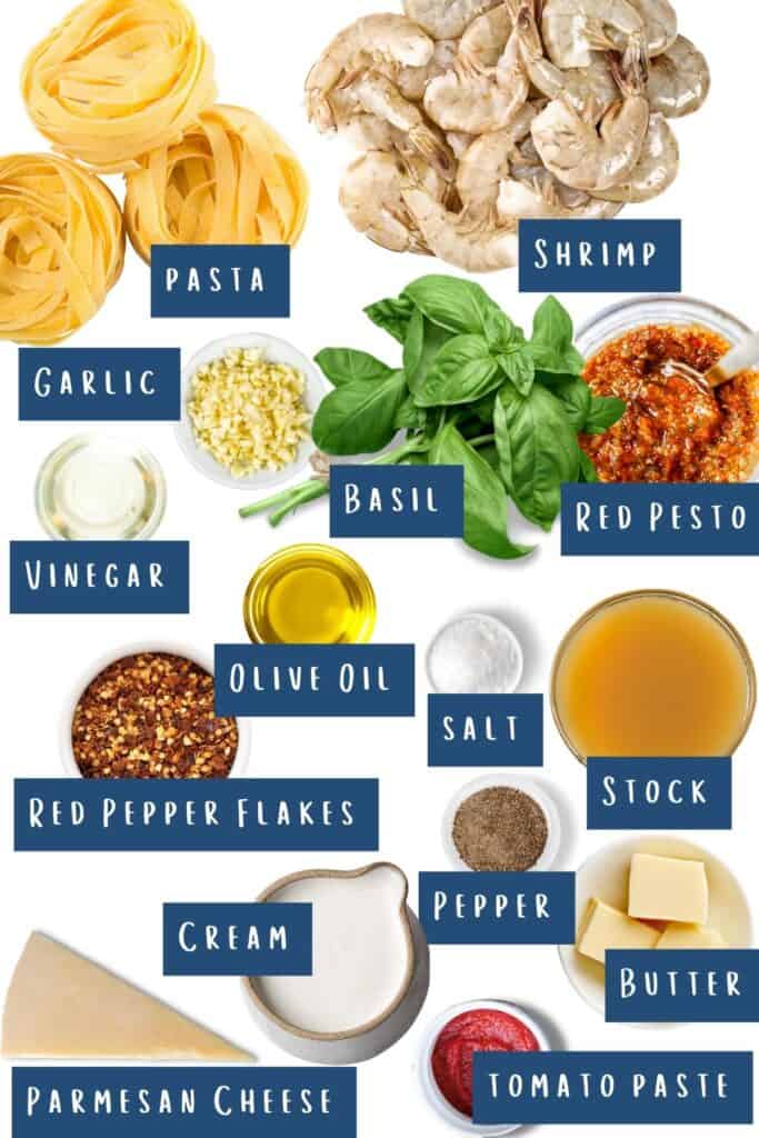 all of the ingredients for easy shrimp pasta laid out on a table