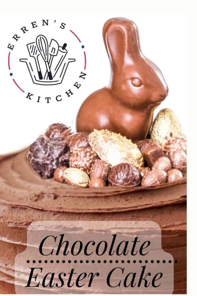 a Pinterest pin showing a chocolate cake decorated with flowers and easter candy