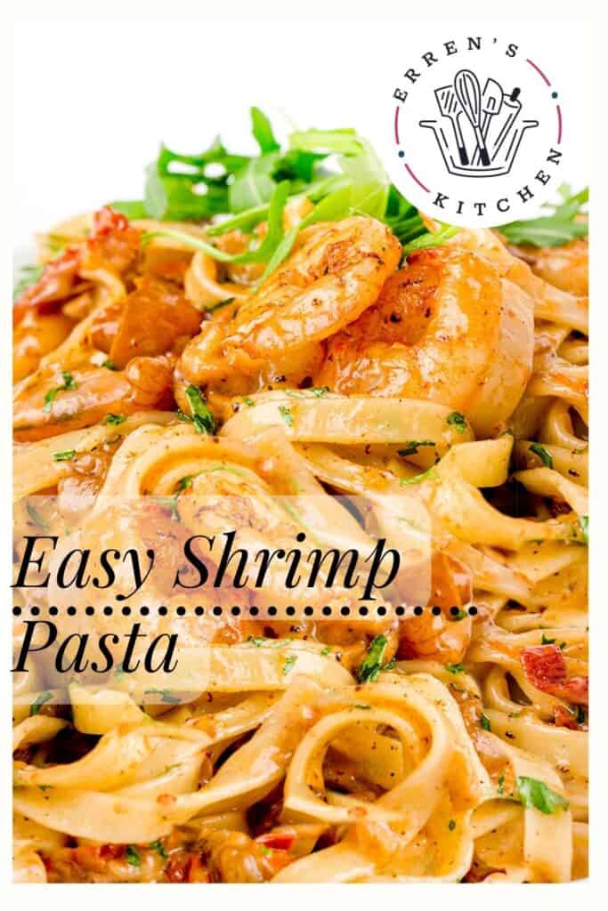 A Pinterest pin showing a pan of Easy Shrimp Pasta