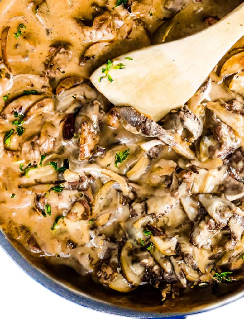 a close up image of a pot of Beef Stroganoff