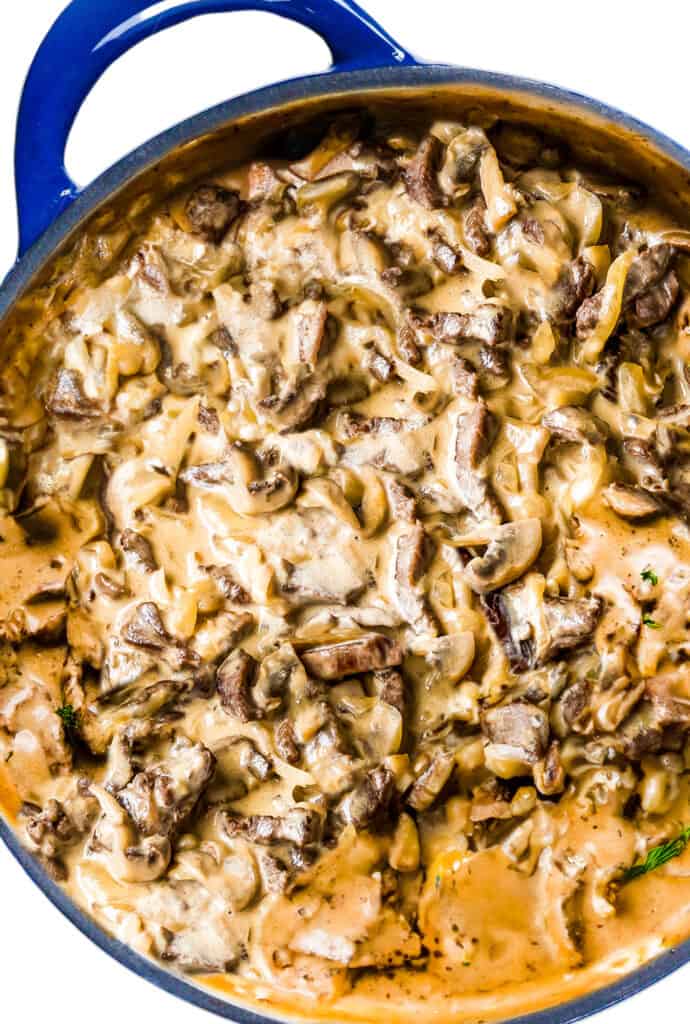 the finished Beef Stroganoff in the pot ready to serve.