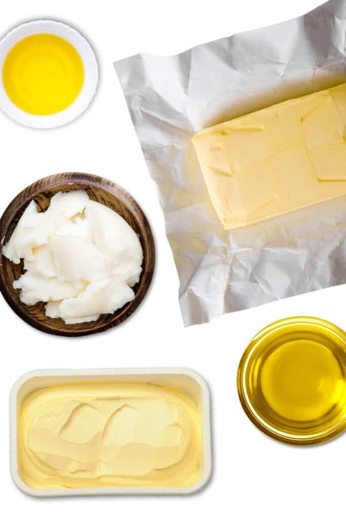 a selections of oils, butter, margarine, and shortening 