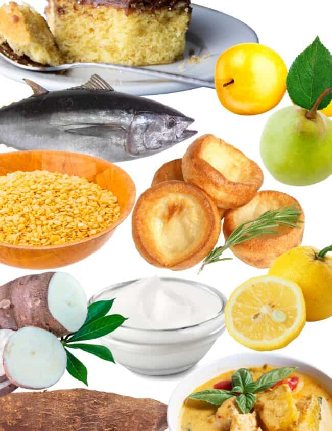 a selection of foods that start with Y with a white background