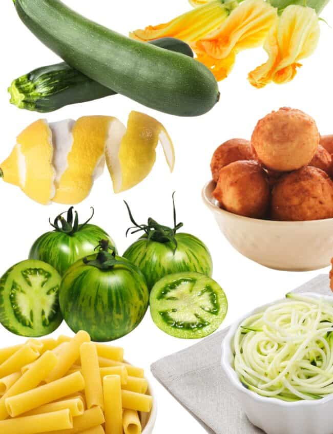 a selection of foods that start with Z with a white background