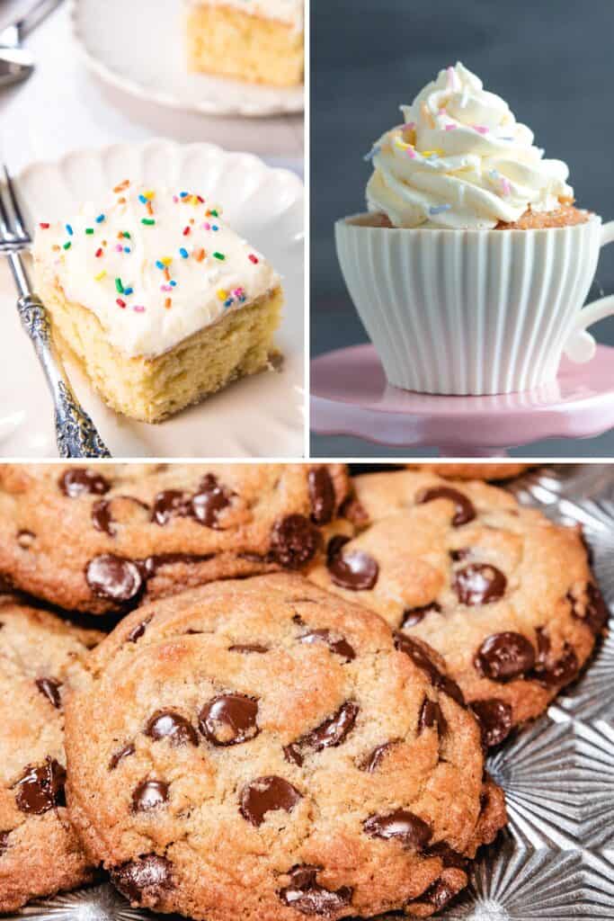 a slice of cake, a cupcake with a swirl of buttercream and chocolate chip cookies