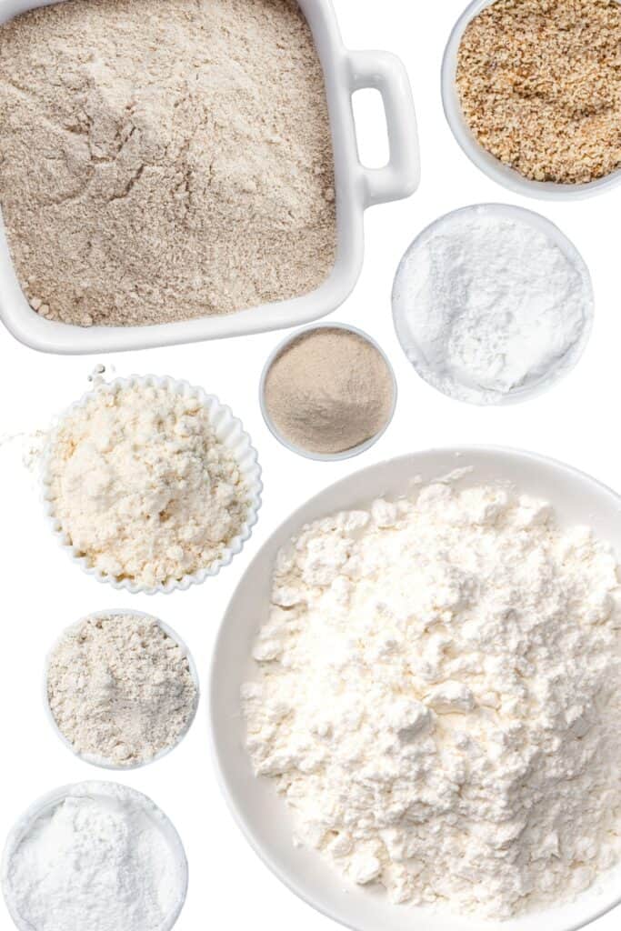 a selection of flours in bowls