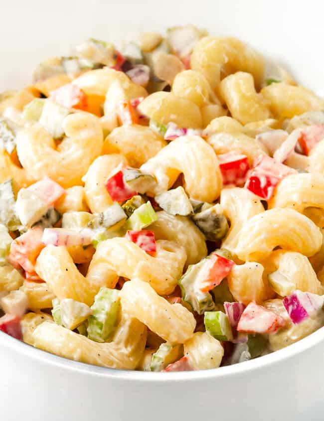 a close up image of a bowl of Amish Macaroni Salad