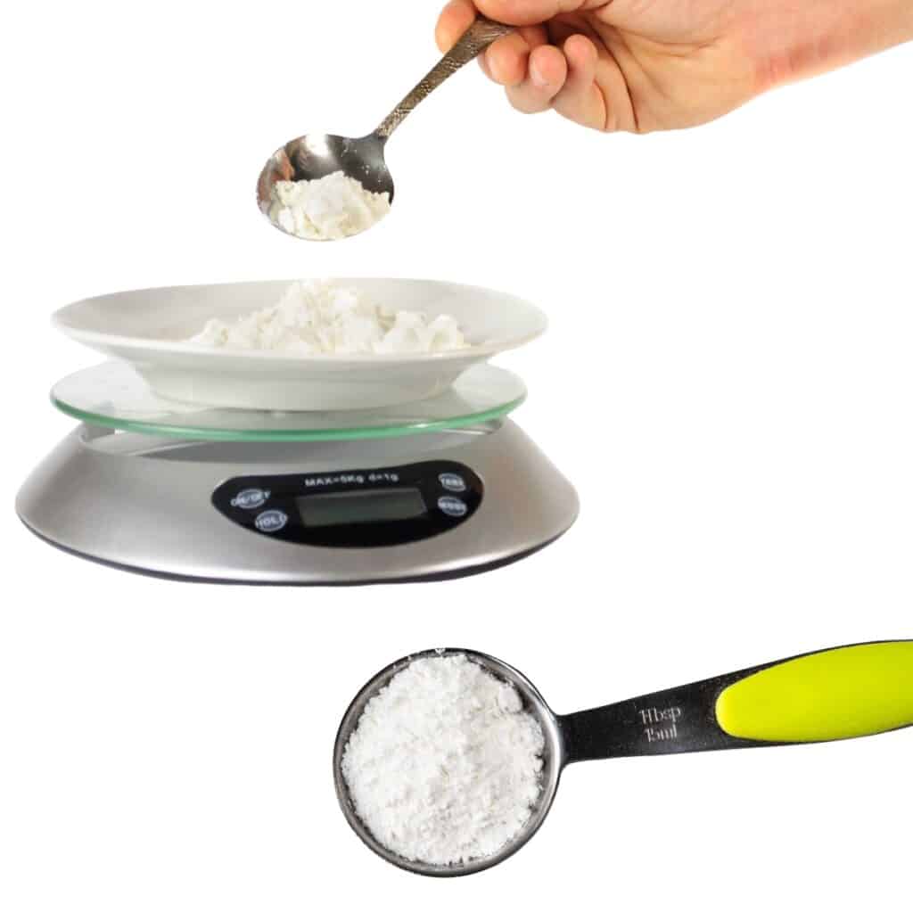 flour being weighed with a kitchen scale and a US tablespoon filled with flour