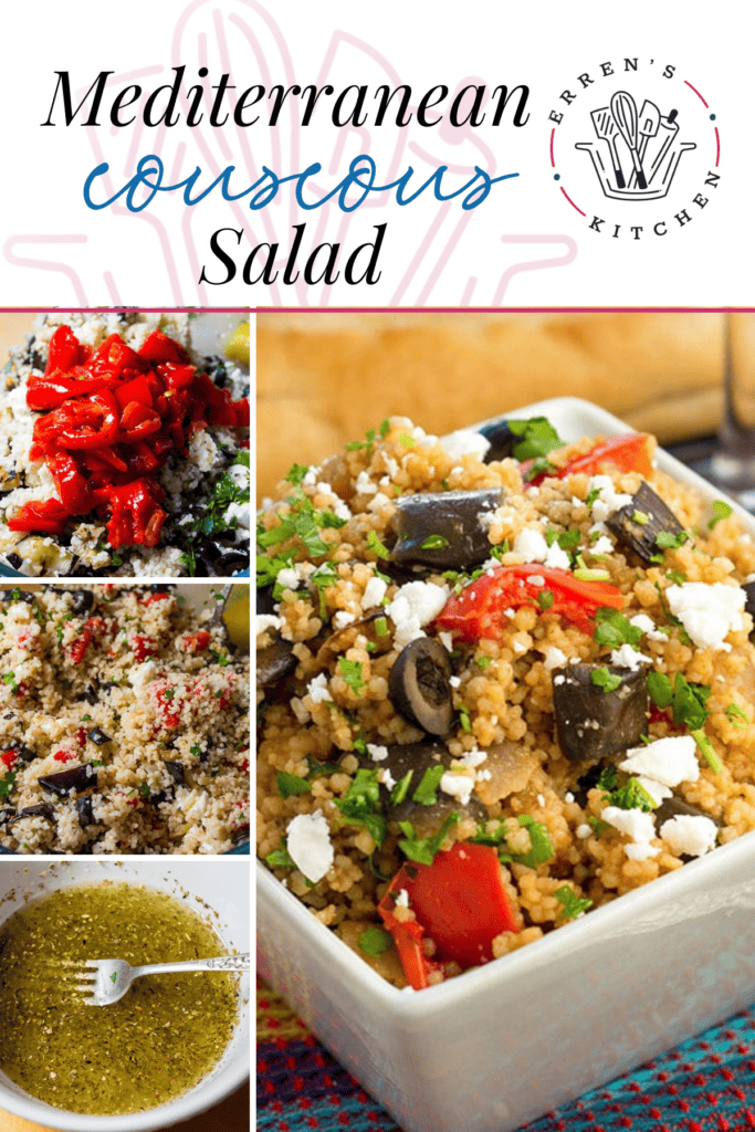 Completed couscous salad with roasted eggplant in a dish images showing how to make it.