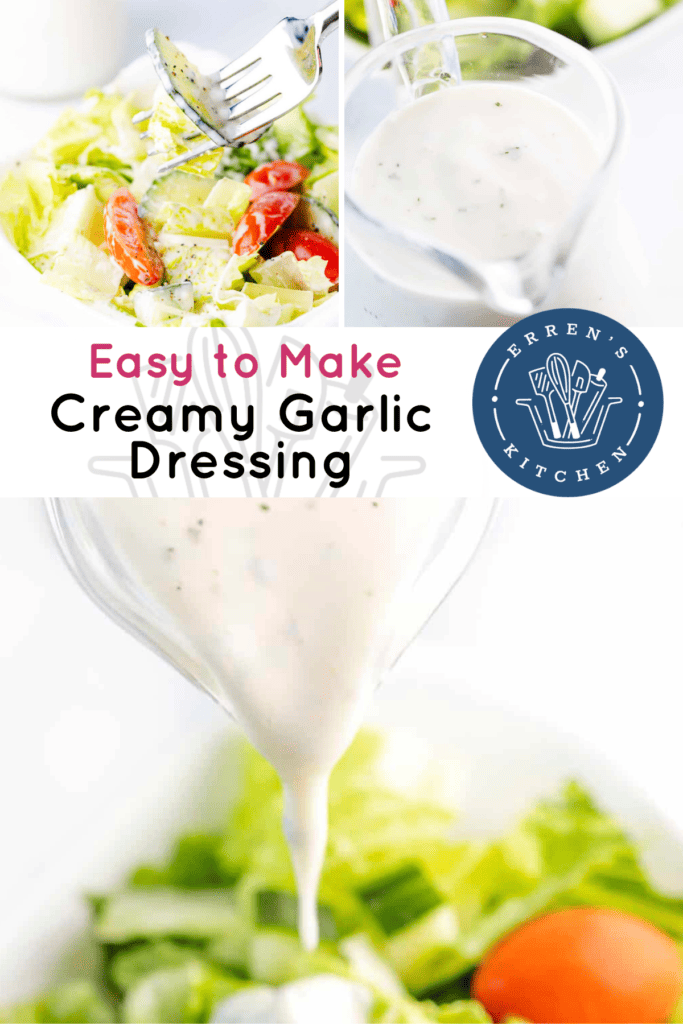 A promotional image showing creamy garlic dressing being poured and a salad tossed in the garlic dressing.