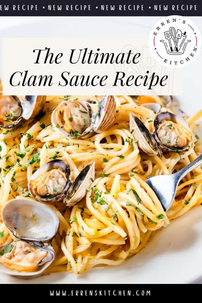 a Pinterest pin showing a plate of spaghetti with white clam sauce with clams in the shell and a fork twirling spaghetti.