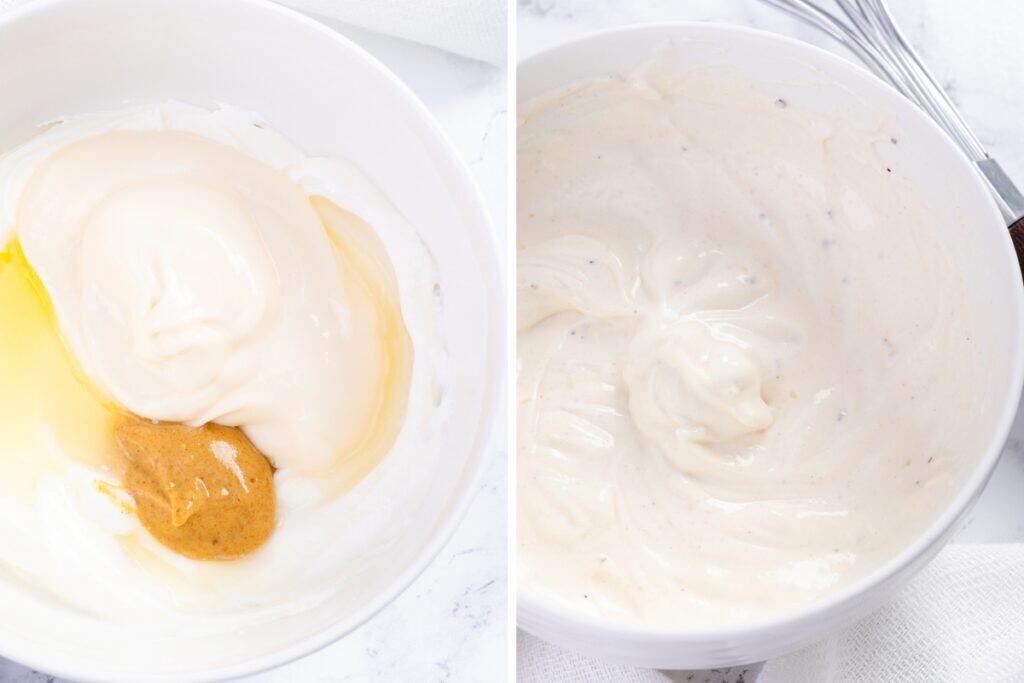  Left side shows a bowl with mayonnaise, honey, and mustard. Right side displays these ingredients mixed into a creamy sauce—perfect for Tuna Pasta Salad. A whisk is partly visible in the top right corner.