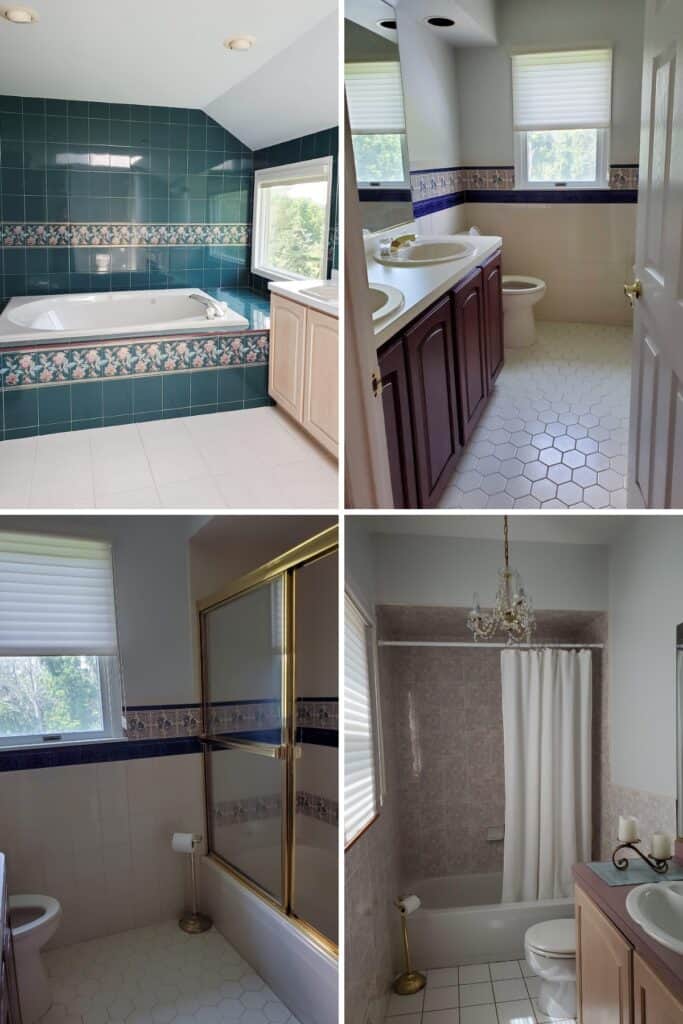 4 pictures of very dated bathrooms.