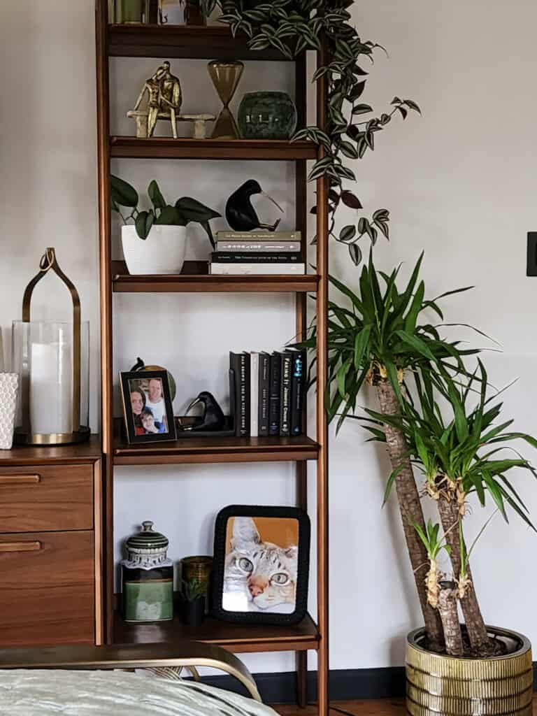 a shelving unit with decorative décor and plants/